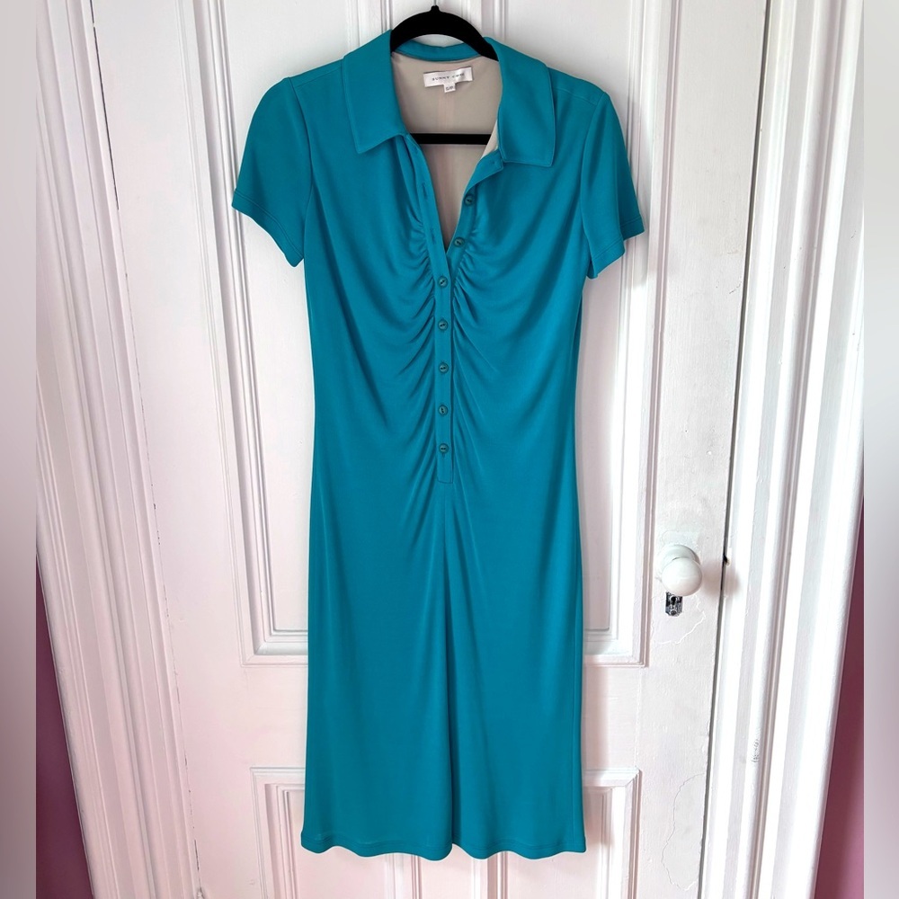 Sunny Choi Cap Sleeve Fully Lined 1/2 Button Front Dress Green Size Small
